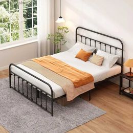 Other Bedding Supplies Bed frame IC metal platform bed frame no box spring steel plate support with handrail and foot pad full size black bed Y240320