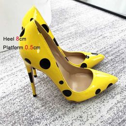 Dress Shoes Polka Dot Party Women Yellow Pointed To Stiletto Pumps 12CM Everyday Office Ladies Single Fashion Print High Heels H240321WP3Y5YZ5