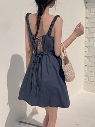 Casual Dresses Women's Summer Elegant Short Tank Dress Lacing Up Backless Square Collar Mini Sundress Korea Style 2024