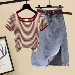 Work Dresses Two Piece Set Stripe Tshirt And High Waist Denim Skirts Women Casual Suits Female Skirt Sets 2 Womens Outfits Q72