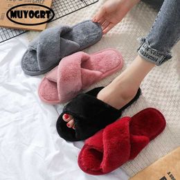 Slippers Faux Fur Home Women Winter Indoor Fluffy Plush Slides Cross Band Warm Open Toe House Bedroom Shoes H240325