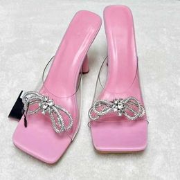 Dress Shoes PVC Transparent Female Slippers Rhinestone Butterfly-knot Women Crystal High Heels 8CM Summer Square Head Ladies SandalsQHO5 H240321