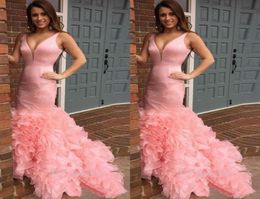 Cheap Pink Organza Ruffles Prom Dresses Sexy Deep V Neck Mermaid Evening Gowns Cocktail Formal Party Gowns2980923