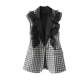 Women's Vests Spring Contrasting Lattice Suit Female Fashion Temperament Leisure Vest Coat Splicing Ruffled Edge Jacket