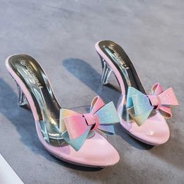 Dress Shoes New Women Slippers High Heeled 6.5CM Butterfly-knot Casual Mules PVC Transparent Clear Open Toe Female Slipper H240321