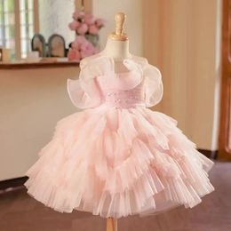 Baby Girl Birthday Fluffy Dress Infant Beading Baptism Gown Flower Wedding Costume Kids Short sleeve Clothes Toddler Vestidos 240309