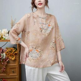 Women's Blouses 2024 Spring Summer Arts Style Women 3/4 Sleeve Loose O-neck Casual Shirts Vintage Print Button Blouse Female Tops V840