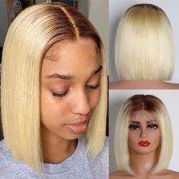 Omber Honey Blonde Short Bob Wig 180% Density T4/613 Straight Bob Wig Brazilain Remy 13x4 Transparent Lace Front Human Hair Wigs