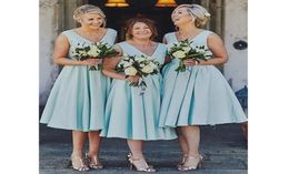 Baby Blue V Neck Bridesmaid Dresses Mermaid Tea Length Wedding Party Dress For Women Vestido De Festa8344112