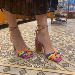 Hip Summer Roman Style Sandal Womens High-heeled Open-toed One-piece With Hollowed-out Color Sandals Women Square Toe Thick Heels 240228
