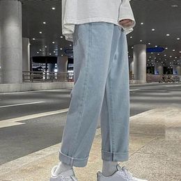 Men's Jeans Men Wide Leg Straight Loose Full Length Solid Color Denim Trousers Button Zipper Closure Retro Streetwear Long Pants