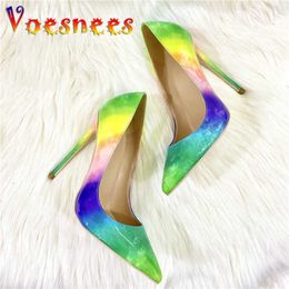 Dress Shoes Rainbow Single 2024 Spring New Gradient Colour High Heels 12CM Pointed Casual Shoe Club Women Shallow Mouth Big Size Pumps H240325