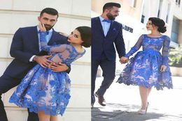 Superior Quality Royal Blue Evening Dresses Long Sleeves Kneelength 3D Floral Appliques Formal Gowns Arab Dresses Plus Size Prom 9720871