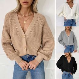2024 New Sweater Women's Solid V-neck Lantern Sleeve Button Knitted Cardigan