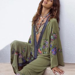 Long Boho Cardigan Light Green Floral Embroidery Beach Bikini Cover Up Kaftan Kimono Robe Summer Loose Women Blouses