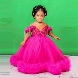2024 Fuchsia Communion Dress Flower Girl Dresses Jewel Tiered Ball Gowns Queen Birthday Dress Appliqued Lace Beaded Tassel For African Little Black Girl NF139