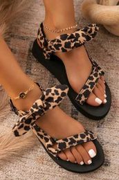 Sandals New Summer Women Color Flat Casual Lace Up Bow Shoes for Ladies Fashion 2023 Outdoor Leopard Beach jer H24032502