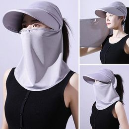 Wide Brim Hats Women Summer Sunscreen Mask Hat Outdoor Face Cover Breathable Cap Solid Colour Cycling Anti-UV Empty Top