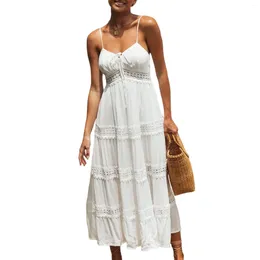 Casual Dresses Ladies Summer Beach Hollow Out Spaghetti Strap Dress Bohemian Style Lace Trim Loose Fit Sleeveless Vacation Suit