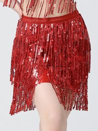 Skirts Women Sexy Belly Skirt Sequin Fringe Mini Shiny Dance Performance Rave Party Elastic Waist 3 Layers Bodycon