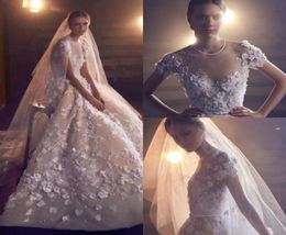 2020 Elie Saab gelinlik mücevher boyun dantel 3d çiçek aplike boncuklu bir çizgi plaj gelinlik kısa kollu vestidos de novi2217501