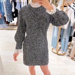 Casual Dresses Vintage Long Sleeve Tweed Dress For Women Lace O-neck Mini Autumn 2024 Office Wear Knitted High Waist Vestidos