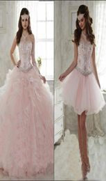 Pink Quinceanera Dresses with Detachable Skirt 2020 Crystal Beaded Sweetheart Organza Ruffled Sweet 15 Party Dresses Girls Masquer7201917