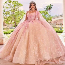 Pink Shiny Sweetheart Princess Quinceanera Dress Lace Beading Tull With Cape Ball Gowns Vestidos De 15 Anos