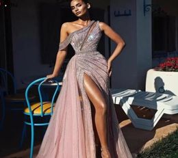 2022 Elegant Off Shoulder Long Prom Dresses Full Beaded For Arabic Women Sexy Front Split Formal Evening Pageant Gowns Robe De Soi9619660