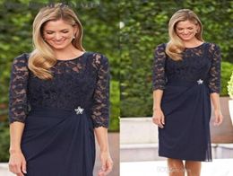 Navy Blue Lace Short Mother of the Bride Dresses 2019 New Knee Length Sheath 34 Long Sleeve Chiffon Wedding Party Gowns M0627543115455337