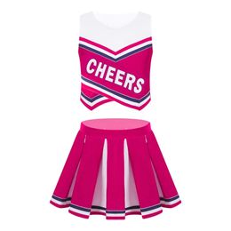 Kids Girls Cheerleading Uniform Outfit Sleeveless Crop Top Pleated Skirt Set Student Schoolgirls Carnival Sports Fancy Dress 240305