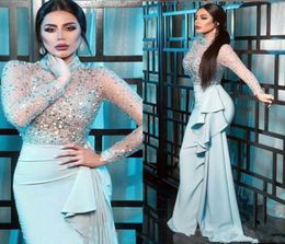 Luxury Beaded Sequins Prom Dresses High Collar Sheer Long Sleeves Pageant Party Gowns Ruffles Mermaid Dresses for Evening9728829