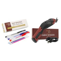 Madam Sew Heat Erasable Marking Pens Assorted Colours with 4 Refills & Electric Scissors for Fabric Cutting Non-slip Grip Cuts Denim, Wool, Leather -