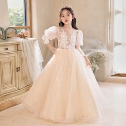 2024 Lace Princess Flower Girl Ball Gown First Communion For Girls Long Sleeve Tulle Toddler Pageant Dresses Summer Wed Birthday Children Clothing 403