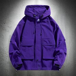 Purple Hoodie Jackets Men Windbreaker Jacket Hip Hop Solid Color Outdoor Sports Hooded Coats Clothing 240307
