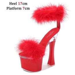 Dress Shoes 2021 New 4 Colour Feather Thick High Heels Platform Sandals Women 14cm 17cm Female Summer Hair Wedding PumpsLUFH H240321