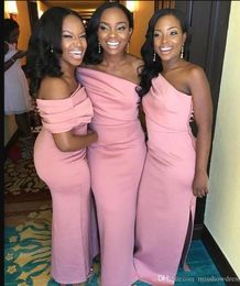 African Pink One Shoulder Satin Long Bridesmaid Dresses 2020 Ruched Side Split Sweep Train Wedding Guest Maid Of Honour Dresses BM13448246