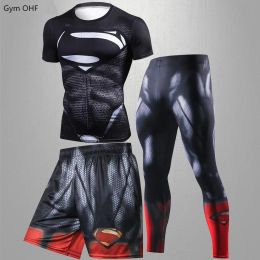 Sets Superhero Sport Suits Men Compression Shirts Pants Sets MMA Rashguard Boxing Muay Thai Kickboxing Shorts Fitness Sportswear