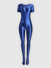 Stage Wear Women Short Sleeve Tight Glossy Dance Jumpsuit Bodysuit Yoga Solid Shaped Practice Rhythmic Gymnastic Leotard Swimsuit Dancewear