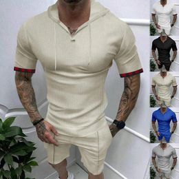 Men's Tracksuits Vintage Hooded T Shirt And Shorts Mens Two Piece Sets Summer Casual Pure Colour Outfits For Men Clothing Leisure Loose Suits