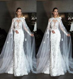 Fabulous Mermaid Wedding Dresses With Cape Jewel Neck 3D Lace Bridal Gown Vestidos Dubai Long Sleeve Beach Wedding Dress Plus Size7636373