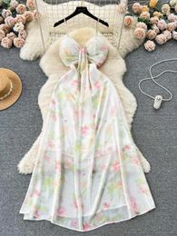 Casual Dresses 2024 Summer Print Floral Beach Maxi Dress For Women Sleeveless Spaghetti Strap Backless Chiffon Elegant Sexy Evening Party