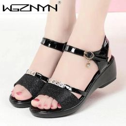 Sandals 2023 Ladies Sandals Shining Shoes Women Luxury High Quality Sandals Ankle Mid Heel Block Party Open Toe Shoes Zapatos De Mujer