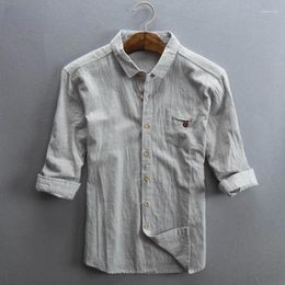 Men's Casual Shirts Plus Size Comfortable Spring Summer Men Linen Shirt Three Quarter Sleeved Thin Slim Turn-Down Collar