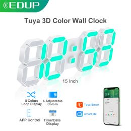 Control EDUP Wall Clock Tuya Smart Clock Time Date Display 6/8 Colours Alarm Clock with APP Control Wall Hanging Modern Design Home Decor