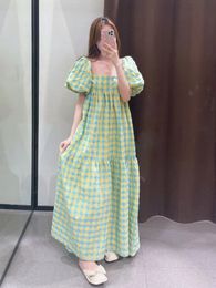 Korean style Summer Plaid Print Ruffle Square Neck Checked Dress Short Sleeve Tie Up Strap Gingham Midi Dres 240312