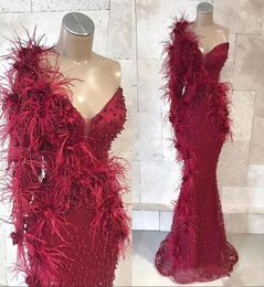 2020 New Burgundy Mermaid Prom Dresses Evening Gowns One Shoulder Lace Beads 3D Floral Appliqued Floor Length Black Girls Party Dr7108872