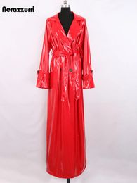 Nerazzurri Autumn Extra Long Soft Red Reflective Shiny Patent Leather Trench Coat for Women Double Breasted Maxi Korean Fashion 240311