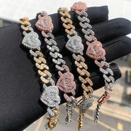 Iced Out Cubic Zirconia Heart Charm Bracelet Cuban Chain Gold Silver Colour for Women Men Luxury Chunky Bracele