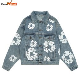 High Street Kapok Print Denim Jacket Men Hip Hop Y2k Jeans Coat Unisex Casual Loose Retro American Style Cowboy Outwear Women 240307